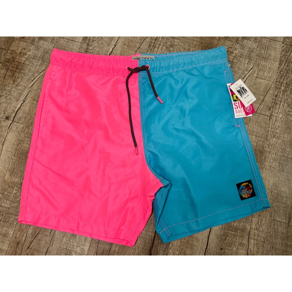 Surf Society Mens Colorblock Swim Trunks Neon Pink Blue Board Shorts Large NWT